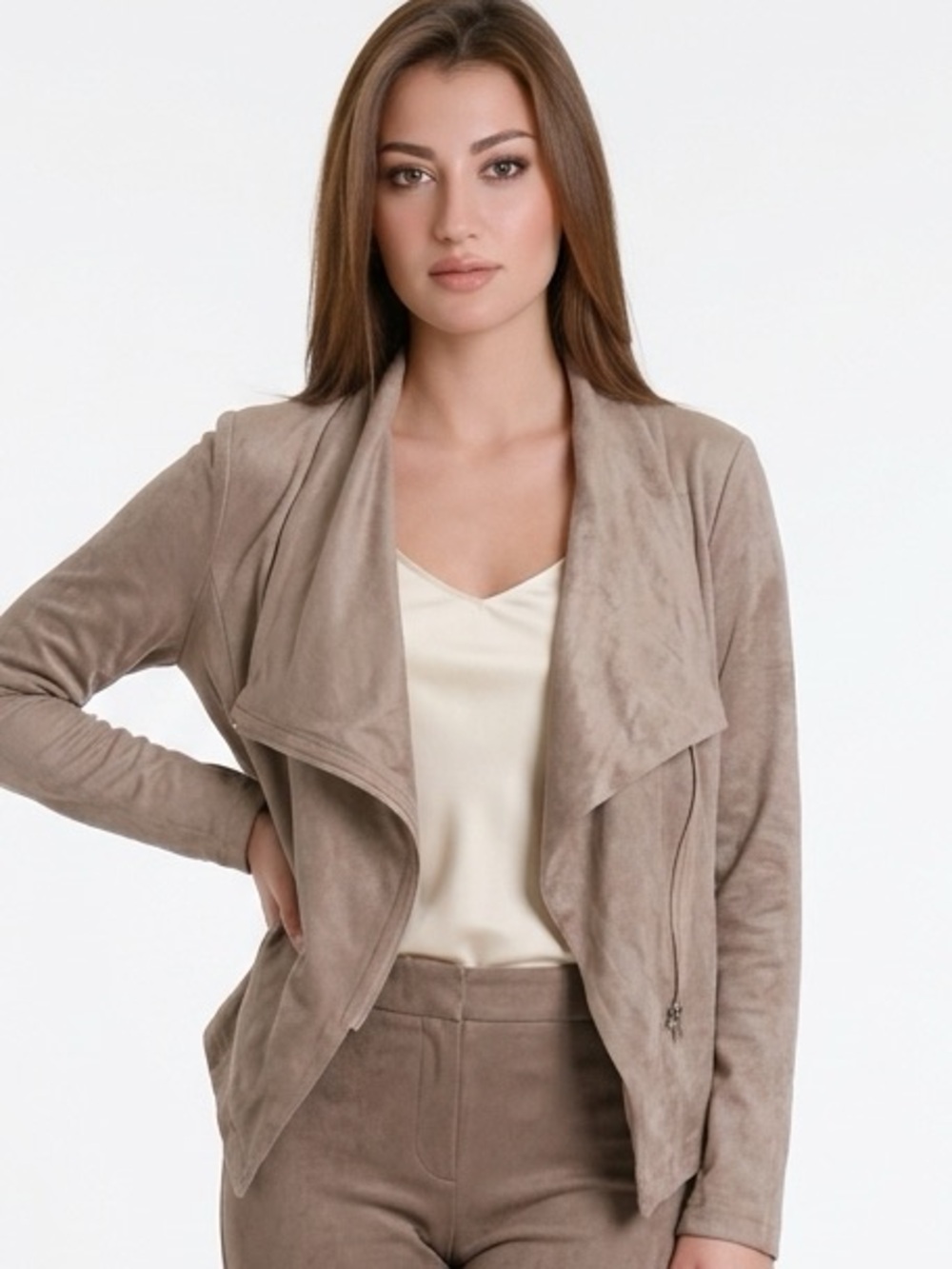VIGOSS | Faux Suede Asymmetrical Tan Moto Jacket Zip Front Drape L